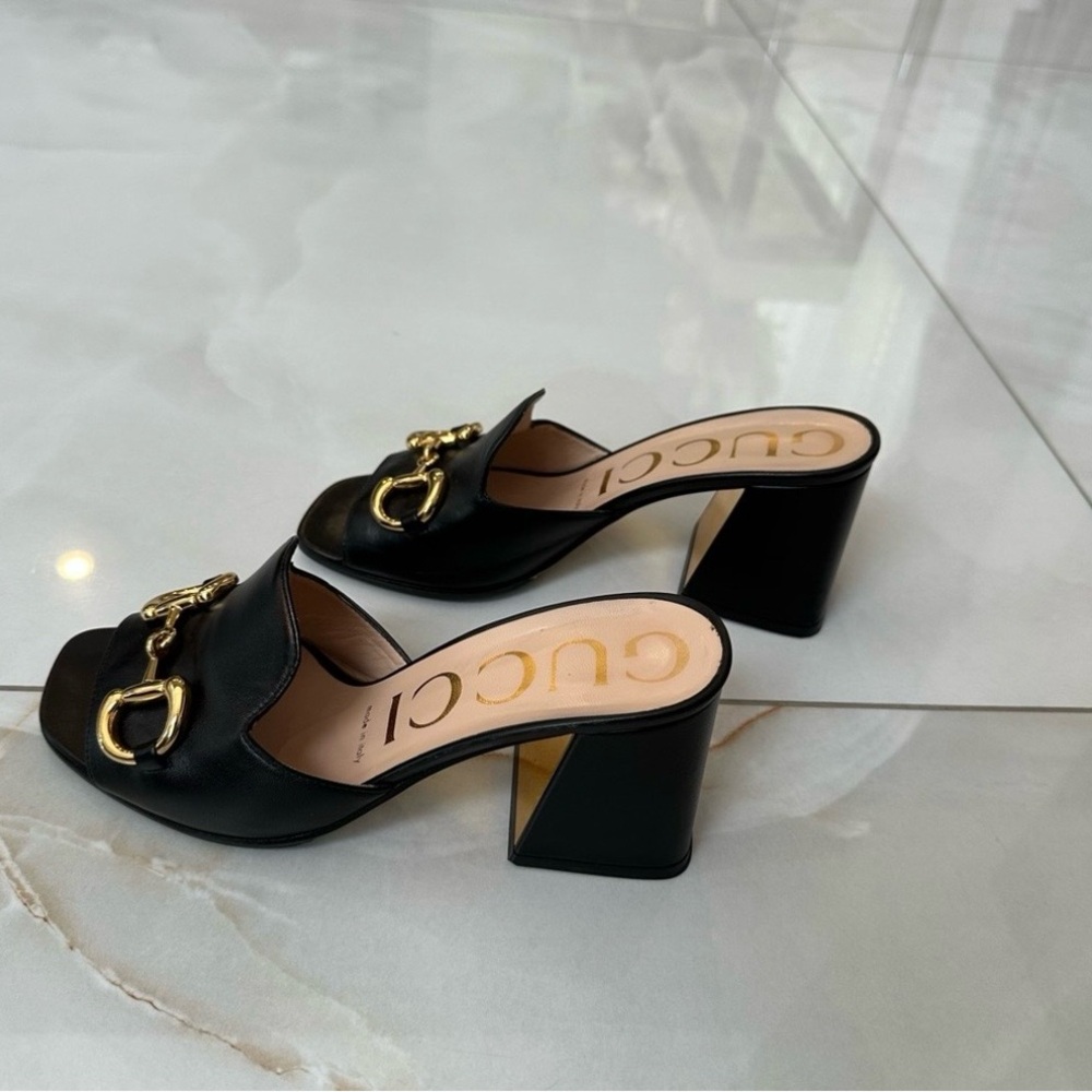 Gucci Black Leather Gold Horsebit Block Heel Mules - Picture 2 of 7